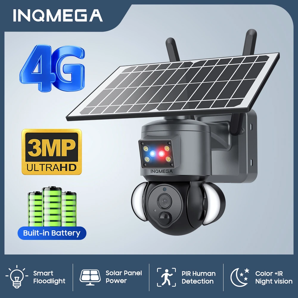 

INQMEGA 4G 3mp outdoor solar camera is equipped with red and blue light safety protection camera and low-power floodlight camera
