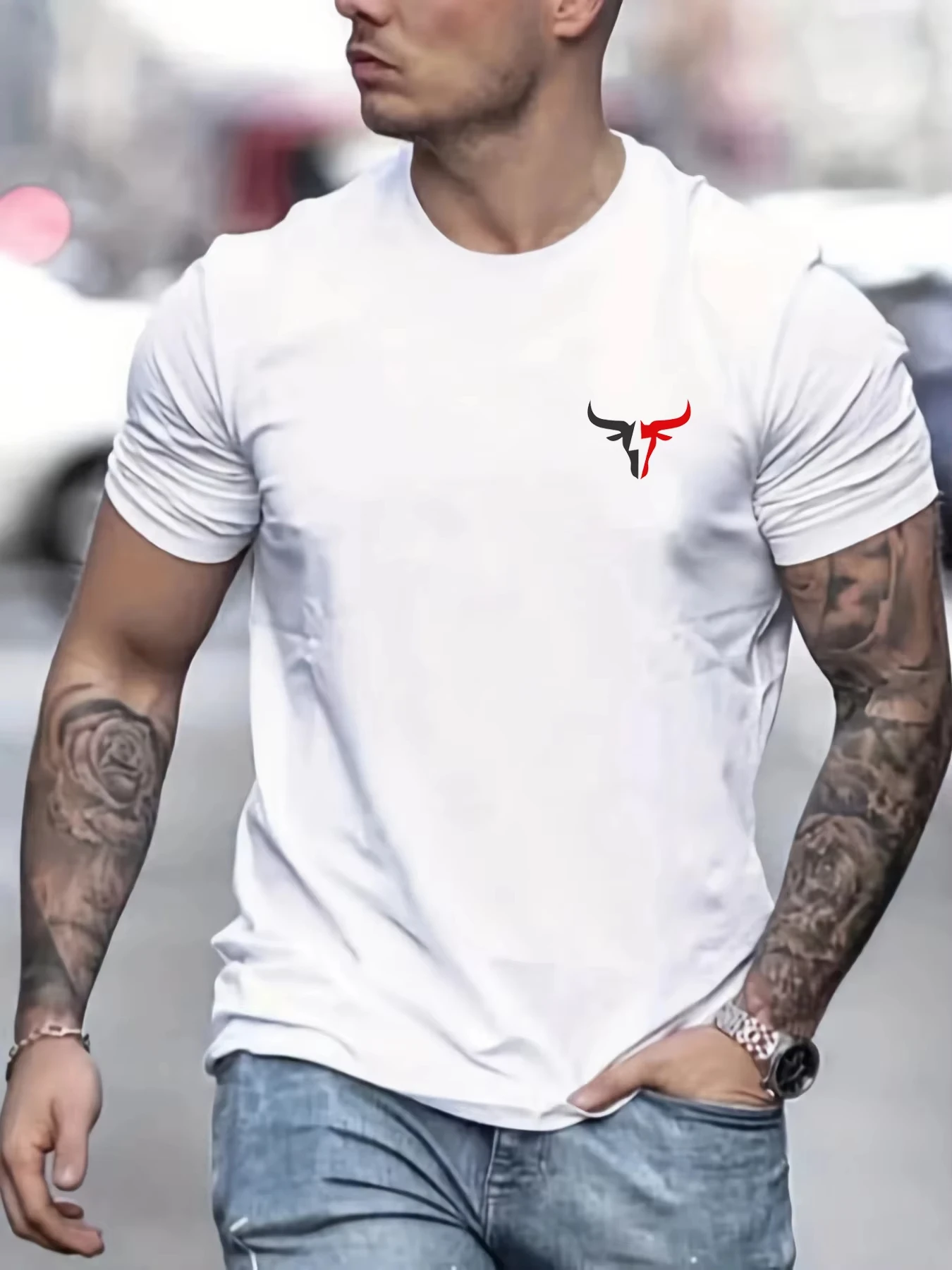 Summer Men's T-shirt Cotton Casual Loose Size Bull Print Round Neck Short Sleeve Top Men Street Clothing Button Up Pullov