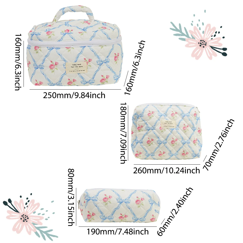 TIAASTAP Neceser De Viaje De 3 Piezas Para Mujer, Bolso De Aseo Acolchado Con Estampado De Flores, Juego De Neceser Grande Para Cosméticos, Neceser De Maquillaje Esthetic Para Niños Y Niñas, E-estilo