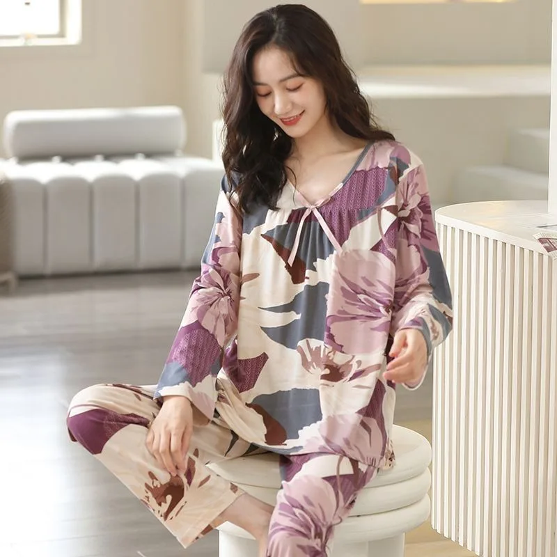 

2024 New Pajama Women Spring Autumn Long Sleeved Modal Cotton Silk Homewear Middle-aged and Elderly Pullover Loose Sleepwear Set