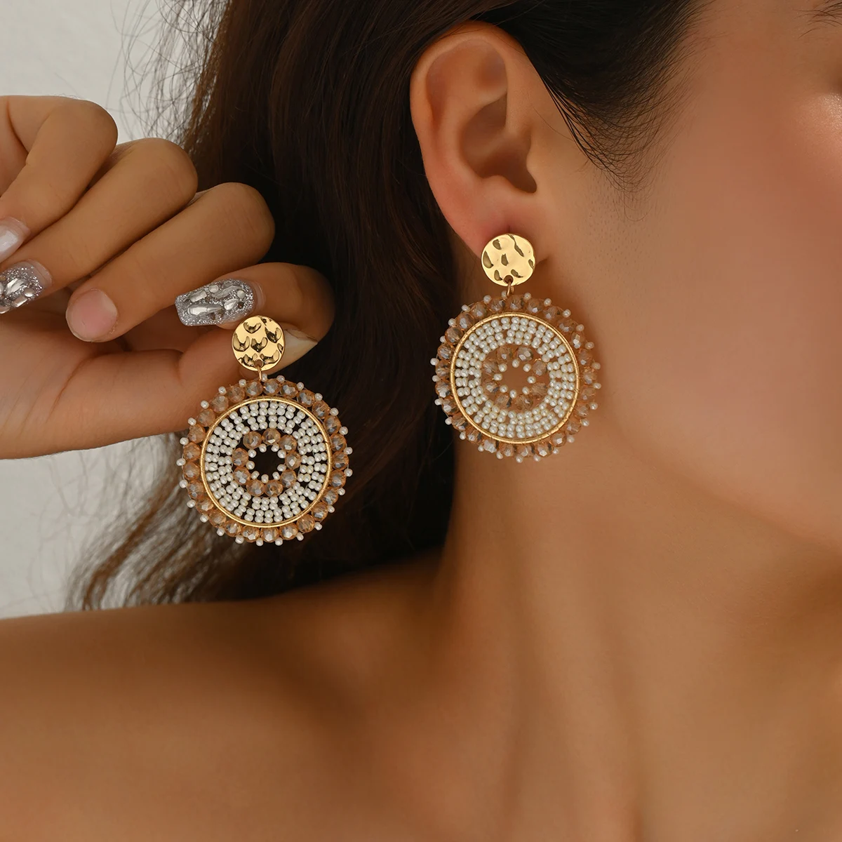 Bohemain Colorful Round Crystal Beads Drop Earrings for Women Ladies Handmade Geometric Metal Earrings Summer Party Jewelry Gift