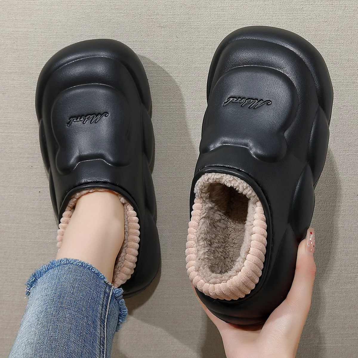 Winter Warm Thick Furry Cartoon Bear Women Plush Slippers Lady Men Waterproof Outside Home Cotton Shoes 3