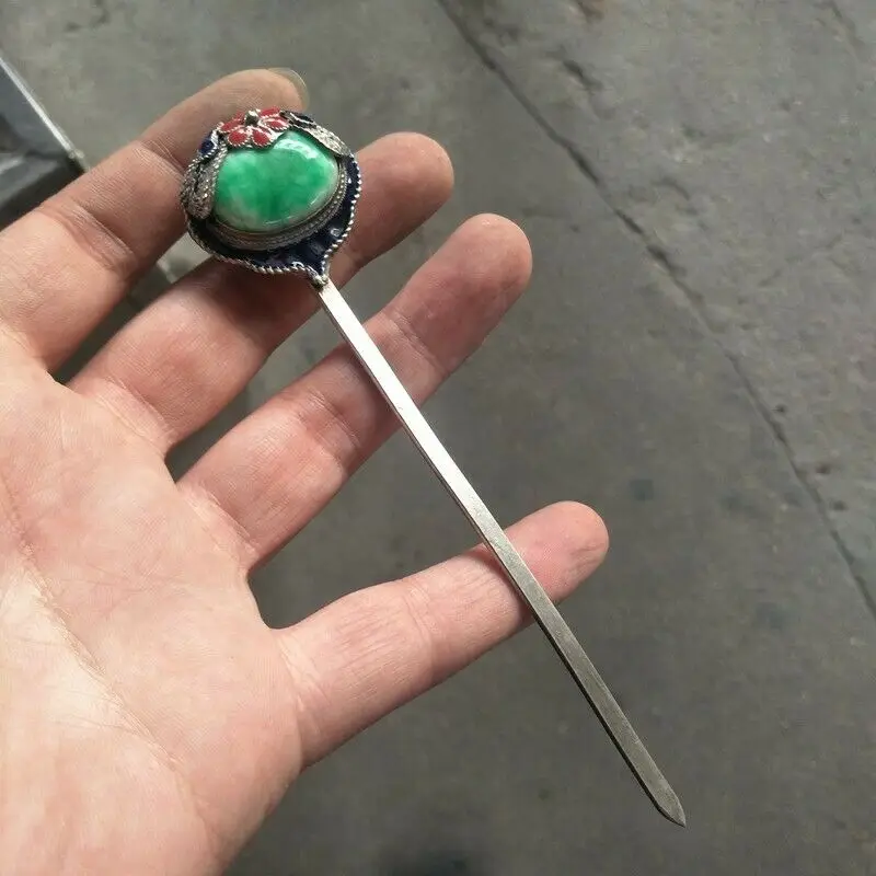 

Exquisite Old Chinese tibet silver inlay green jade handmade Hairpin statue