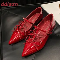 Red Footwear Shallow Flats Shoes For Women Pointed Toe Female Butterfly-Knot Fashion T-Strap Ladies Mary Janes Flats Shoes 1