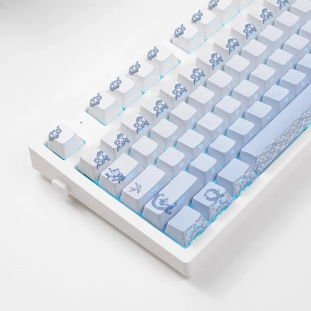 

134 Keys Blue and White Porcelain Keycaps Blue Gradient Backlit Side Print Keycap PBT OEM Profile For Mx Switch Keyboard 67 75
