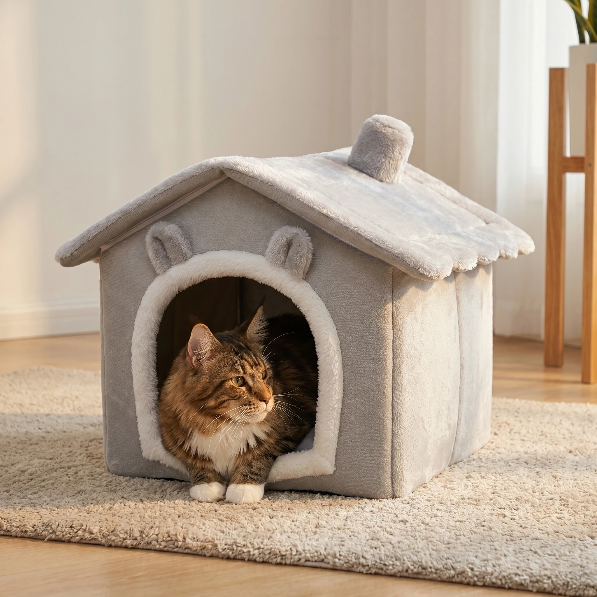 Lit maison pliable et lavable pour chat et petit chien avec coussin amovible_voghion.com