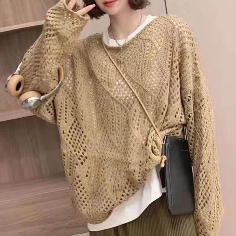 New Elegant Hollow Knitted Long Sleeve Sweater Women's Hoodie Loose Round Neck Office Spring and Autumn Top