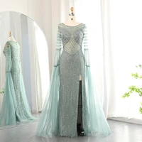 Luxury Dubai Mermaid Lilac Evening Dress with Cape Sleeves Slit Elegant Sage Green Women Wedding Party Gowns 178 1