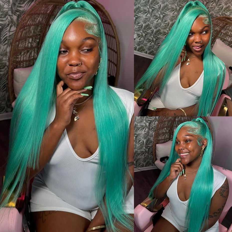30 40 inch 13x6 Mint Green Lace Front Human Hair Wigs For Wome