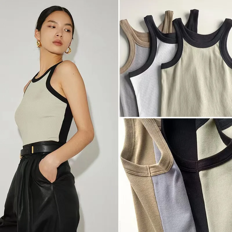 Racerback Tank Top beige  Women’s organic cotton thread rib scoopneck contrast elastic slim fitness sports ribbed boatneck round petite size womens tops for woman white-, with black, Gray grey with blue spring summer fashion sportswear season 