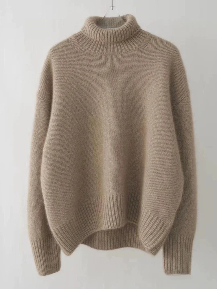 

Sweet Memory Beige Camel Grey Cashmere Sweater Wool Thickened High Lapel Pullover 2024 Autumn Winter Casual Loose Knitted Top