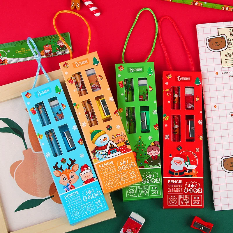 5 Pcs Christmas Stationery Set Kids Cartoon Pencil Set Rubber Pencil Sharpener For Kids Gift Back To School Supplies