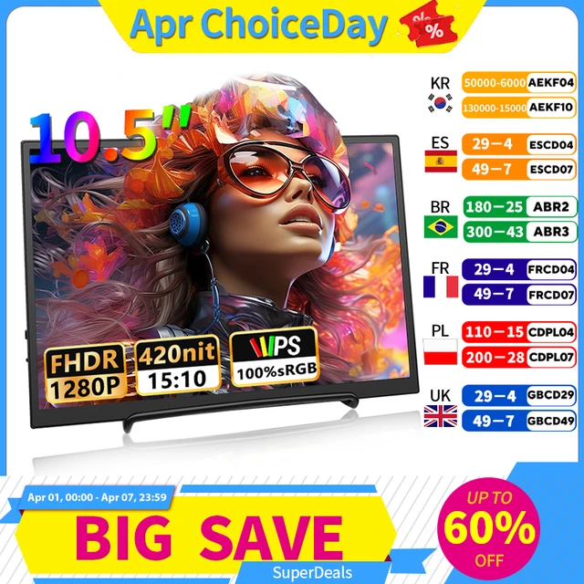 10.5 inch Portable Monitor 1280P 100%SRGB 420cd/m2 With dual speakers Mini HDMI interface For Laptop PC PS4 Game Console 1