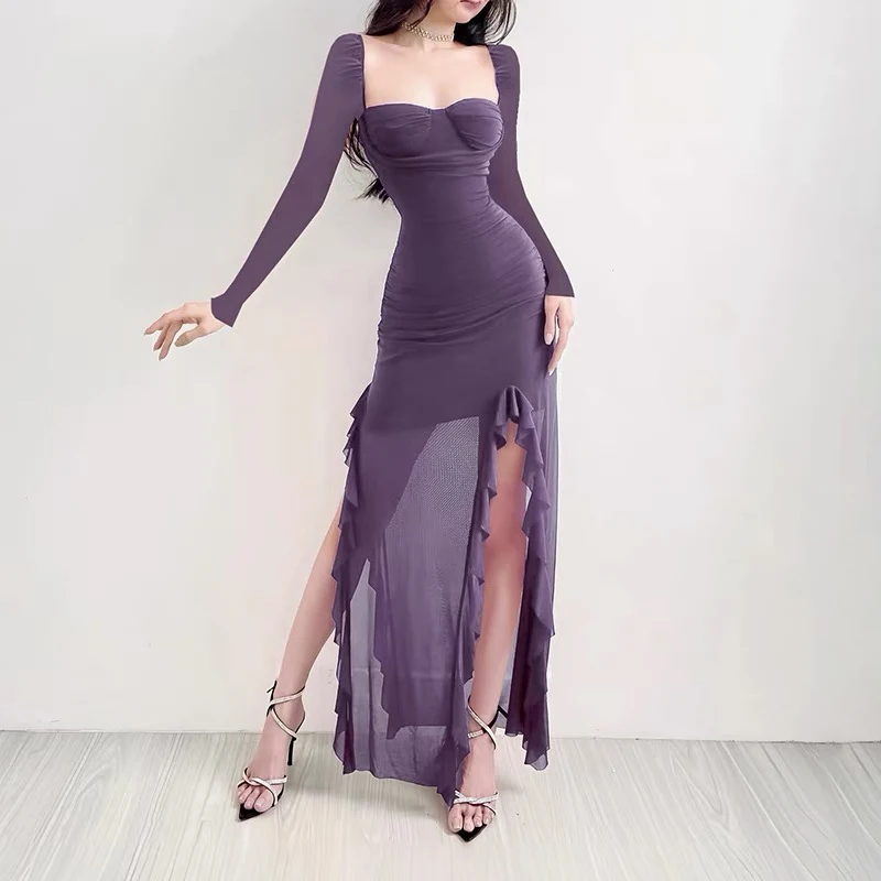

Dress Women's Pullover Purple Square Collar Mesh Material Breathable Spring and Summer Long Sleeve High Slit Lace Sexy Fashion