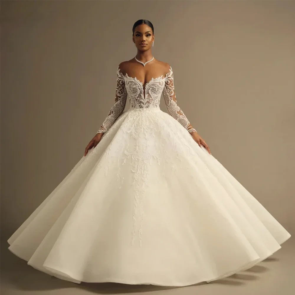 

Elegant Bridal Weddning Dresses Full Sleeves Illusion Neck Lace Applique Women Mariage Ball Gown Court Train Vestidos de novia