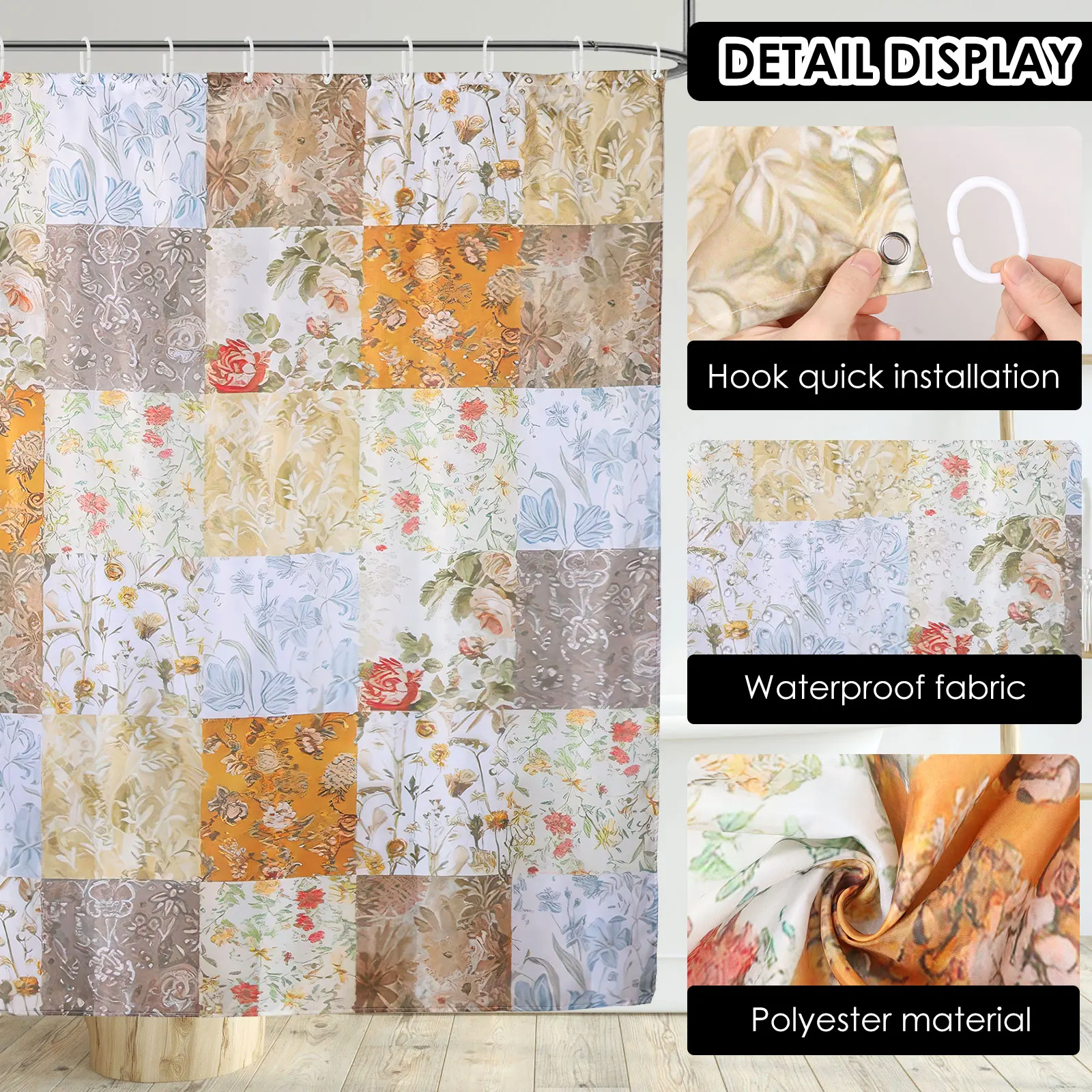 Floral Print Shower Curtain Waterproof Polyester Bath Curtain with 12 Plastic Hook 71x71 Inch Mid Century Style Window Curtains