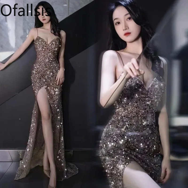 

Ofallsis V neck Sequins Banquet Evening Dress 2024 Summer New Sexy Long Light Luxury High end Host Performance Dresses Female