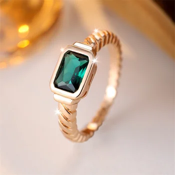 Girls Small Rectangle Green Zircon Stone Wedding Bands Antique Gold Color Delicate Stacking Rings For Women Index Finger Jewelry