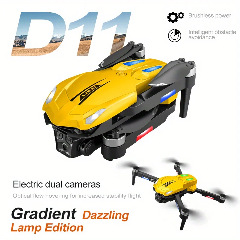 Drone D11 noir et jaune en vol avec caméra HD 4K et WiFi, quadricoptère RC pour adultes et enfants