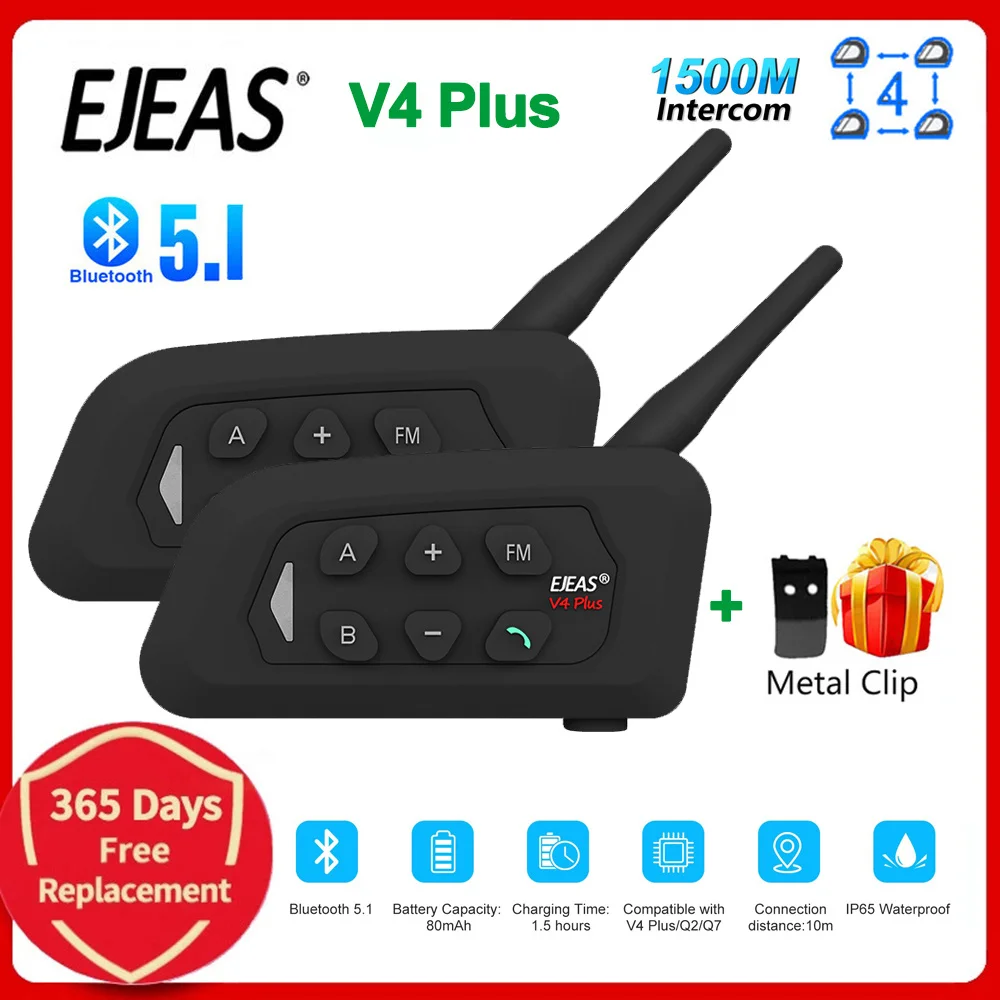 

EJEAS V4 Plus Bluetooth Motorcycle Intercom Helmet Headsets,BT 5.1 Wireless Communication Interphone Music 4 Riders Moto