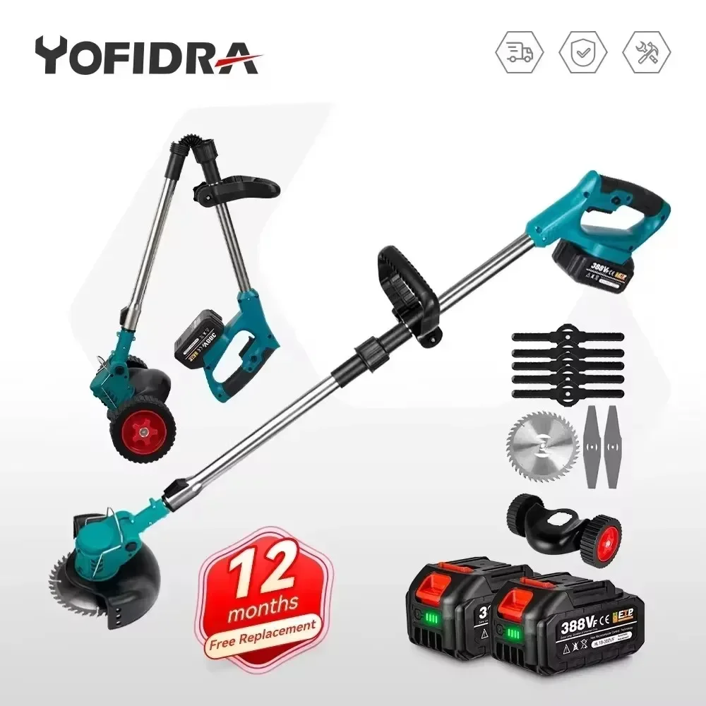 Yofidra Electric Lawn Mower Handheld For 18V Battery Cordless Garden Grass Trimmer Length Adjustable with 2 Battery 1