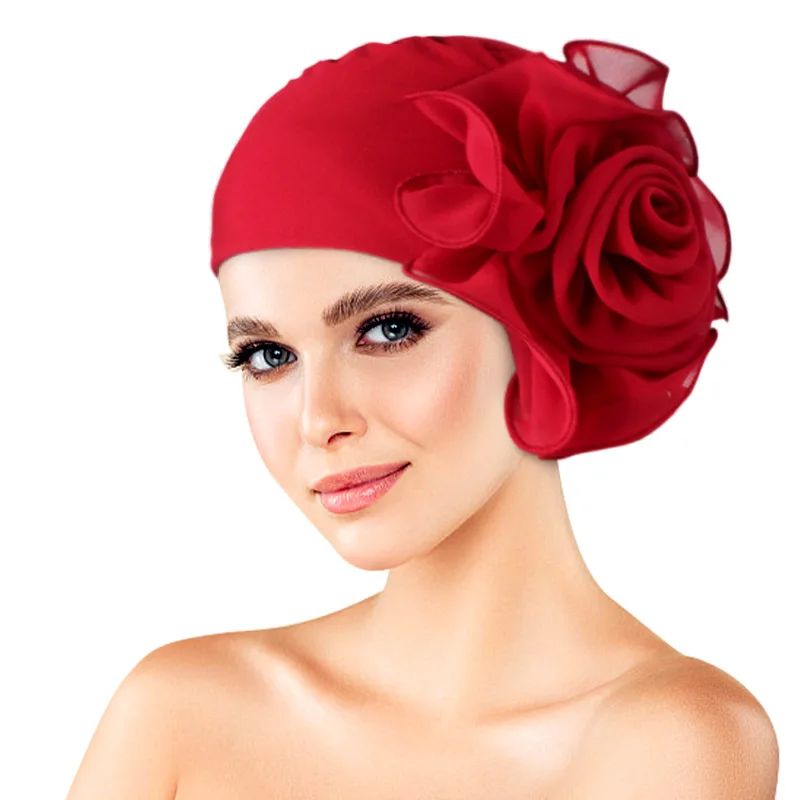 

Beautiful Women Flower Turban Hat Solid Color Elastic Cloth Head Cap Muslim Head Wraps Caps Lady Bandana Hair Accessories