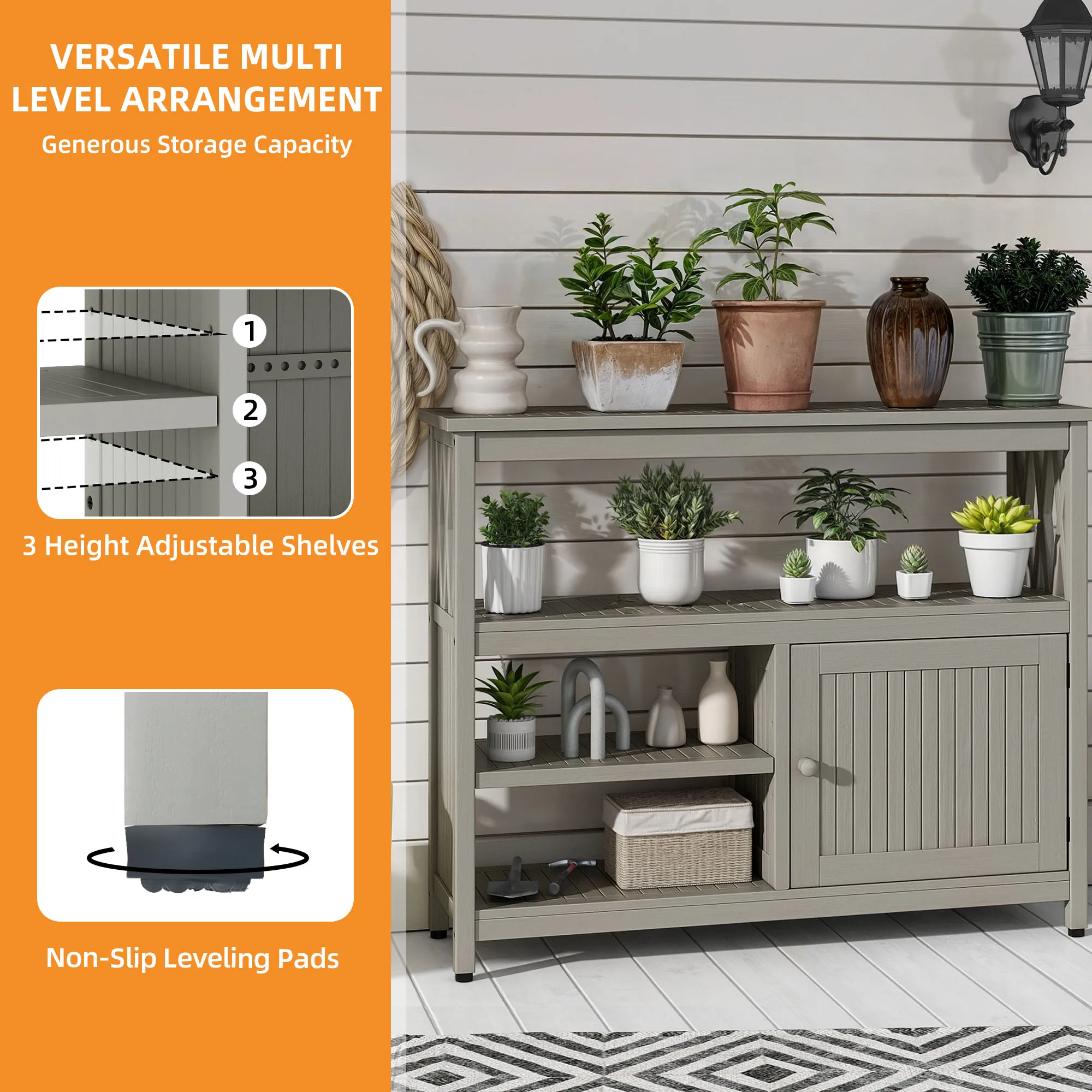 4-Tier Wood Buffet Sideboard Cabinet with Door, Patio Storage Cabinet with Adjustable Shelf, Gray