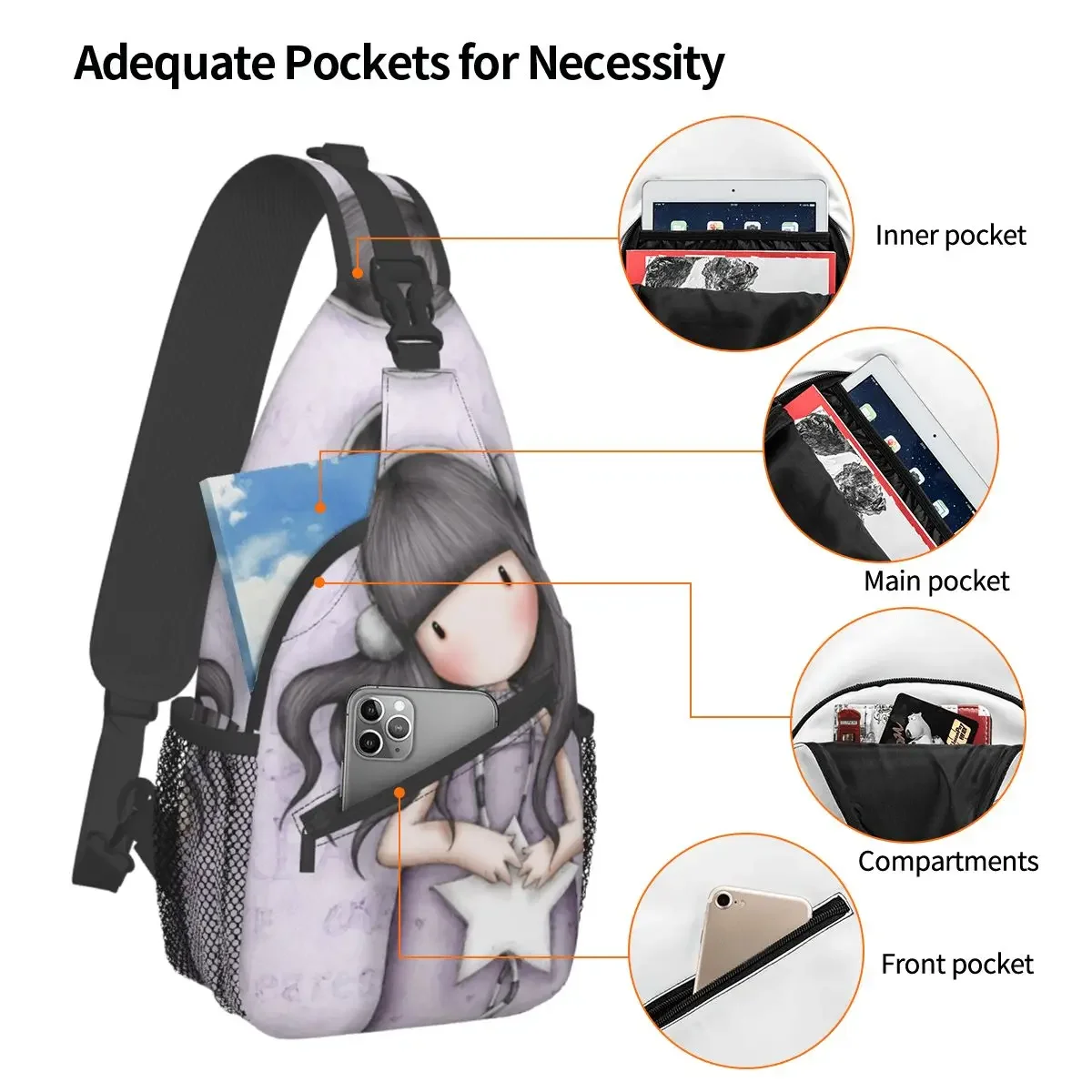 Girl Gorjuss Crossbody Sling Bags Women Chest Bag Shoulder Backpack Daypack for Hiking Travel Satchel Tote Bags
