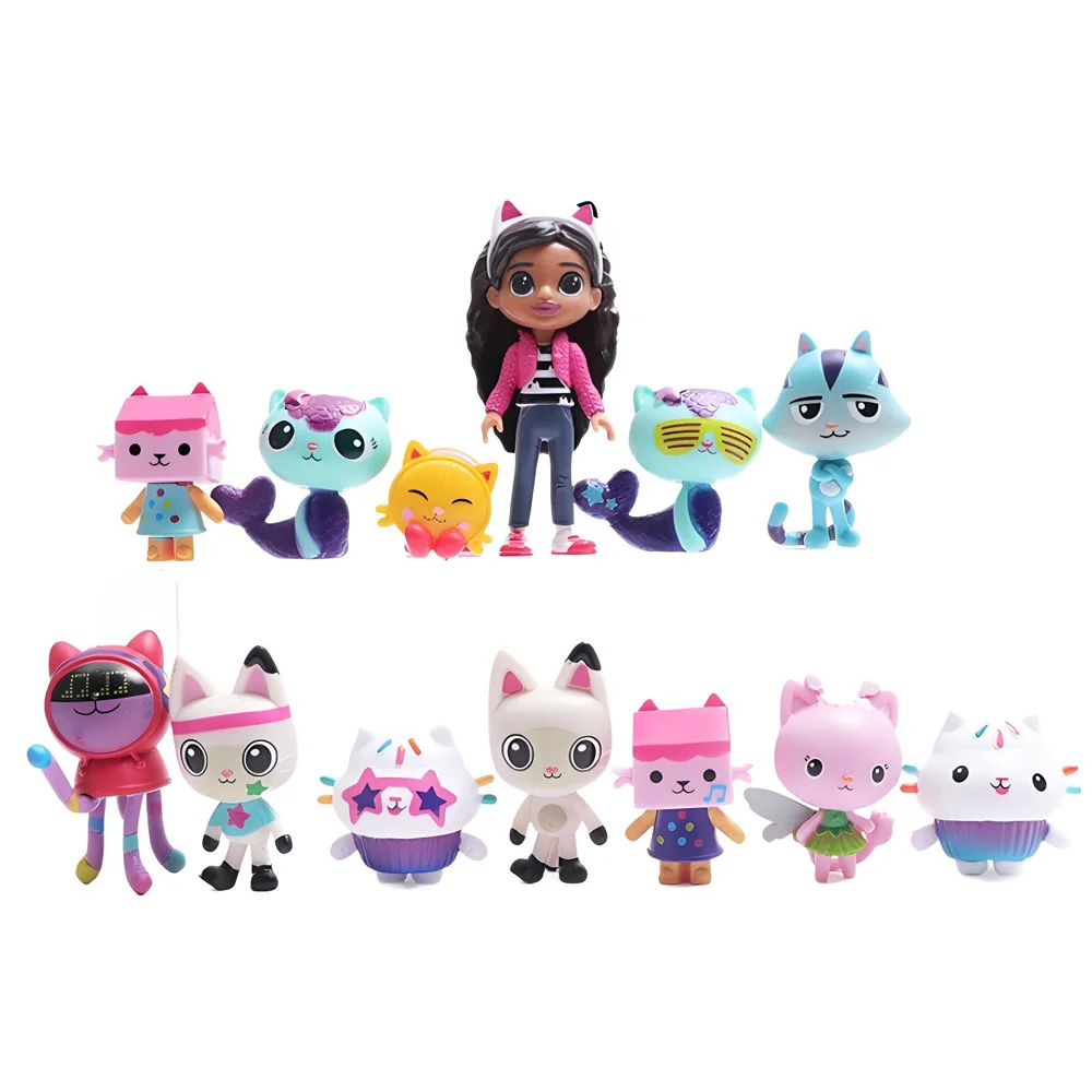 13pcs Gabby Dollhouse Anime Figure Toy Smiling Car Cat Hug Gaby Girl Dolls Mercat Cartoon Action Figure Xmas Birthday Kids Gift