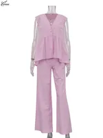 Oymimi Fashion Pink Cotton Sets Womens 2 Piece Elegant Deep V-Neck Single Button Shirts And Sinple Straight Trousers Female Sets - Image 5