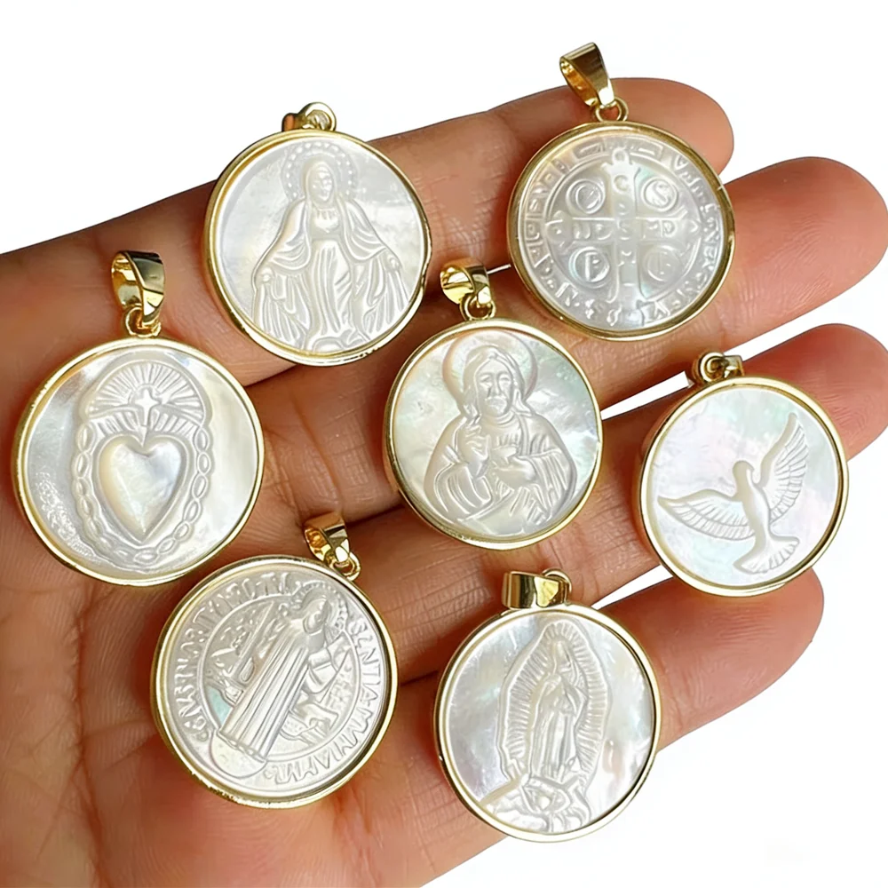 940-1377ea.png 5pcs/lot 21mm Natural San Benito & Cross Mother Pearl Shell Pendant & Charms for Necklace Jesus & Grace Charms for Gift - Image 1