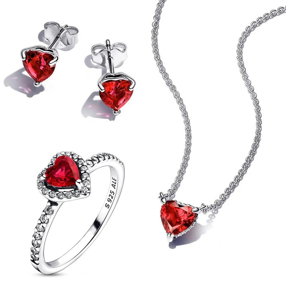 925 Sterling Silver Pandora Sparkling Red Heart collana anello orecchini Set di gioielli per le donne regalo di anniversario di compleanno