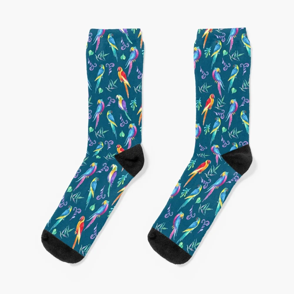 bright colored parrots with ornament of tropical flowers and leaves Socks floor Socks Female Men's
