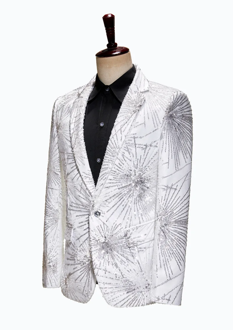 Men Fireworks Sequin Suit Jacket Shawl Lapel One Button Stage Party Prom Cotume White Black Chic Male Wedding Dress Blazer Coat