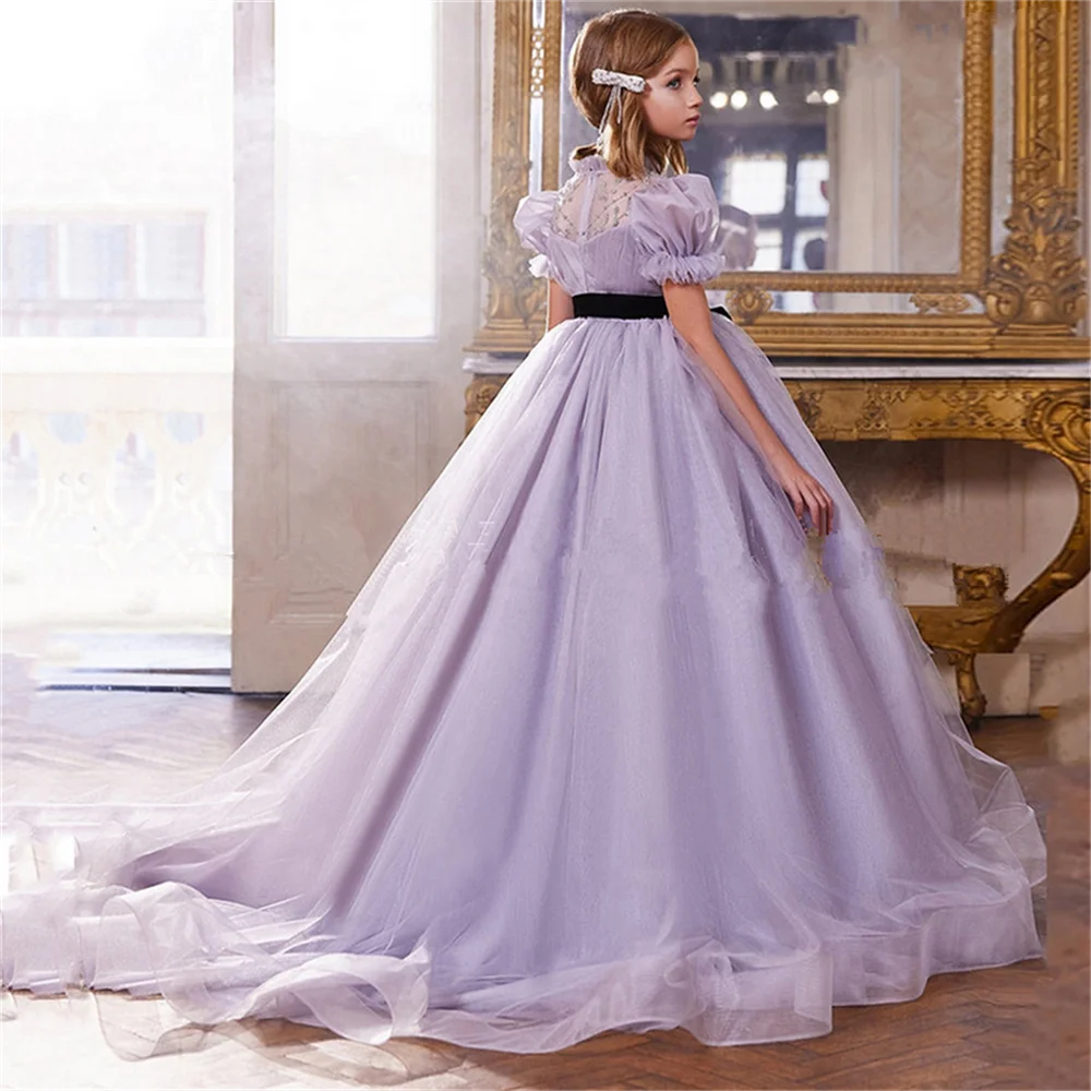 

Flowers Girl Dresses Lavender Short Sleeve First Communion Birthday Party Ball Gowns Wedding Celebration Guest Clothes