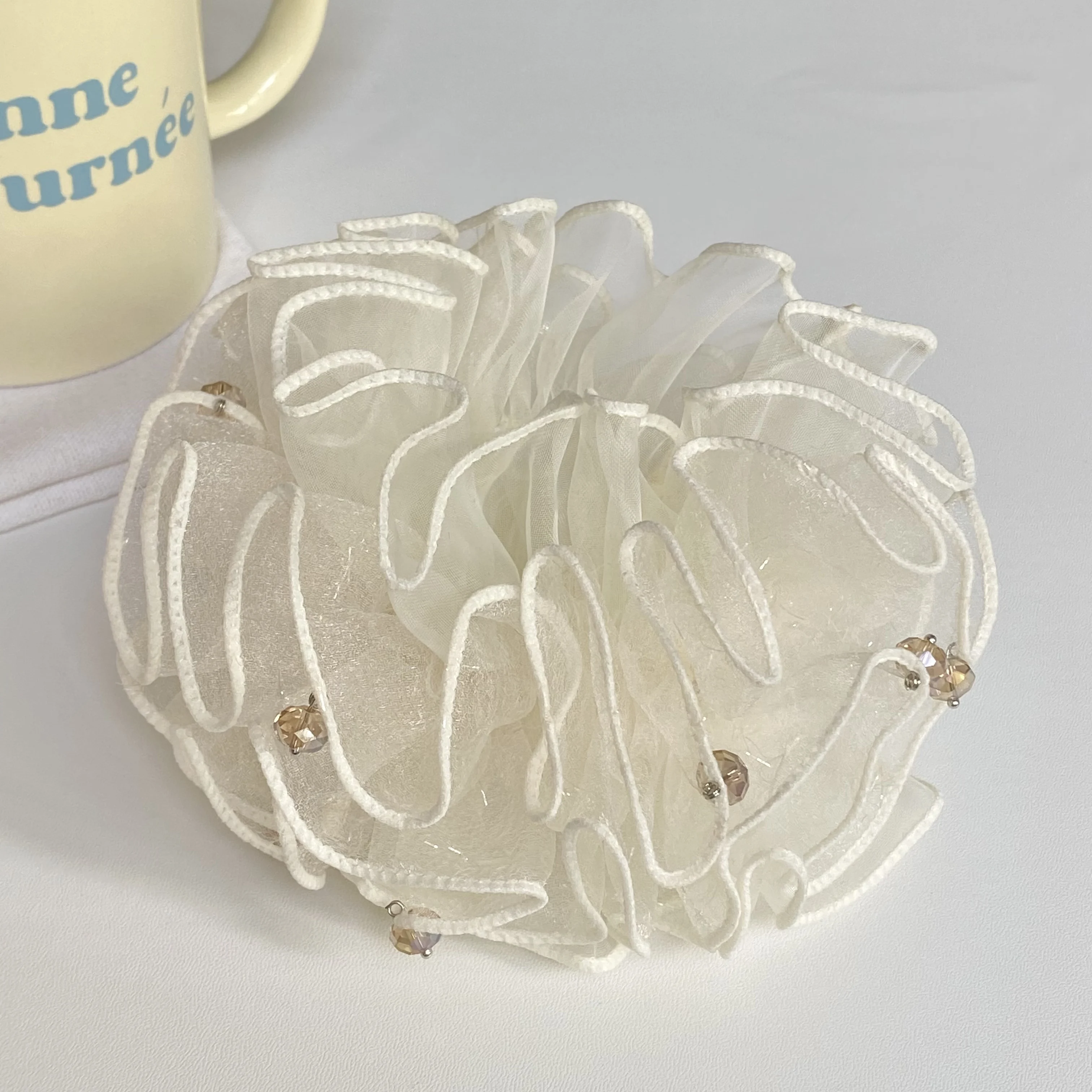 1PC Elegant White Organza Scrunchie With Crystal Beads: Romantic Ruffled Hair Accessory For Women, Perfect For Daily