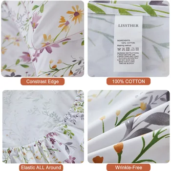 4pcs 600 TC 100% Egyptian Cotton Fitted Sheet Set (Without Core), Fresh Pinky Spring Botanical Pattern, Soft And Skin-friendly 5