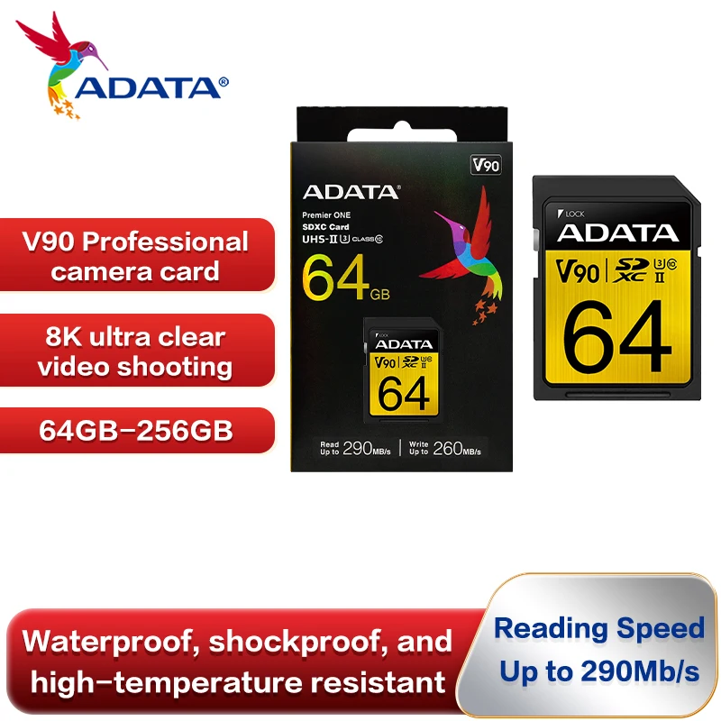 

ADATA V90 Professional Imaging SD Card UHS-II U3 64GB 128GB 256GB Memory SD Card Up to 290Mb/s High Speed SDXC Cards for Camera