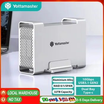 Yottamaster 2 Bay RAID Hard Drive Enclosure 2.5" 3.5" SATA SSD/HDD 4 Raid External Hard Disk Case USB3.1 Type C 5/10Gbps HDD Box 1
