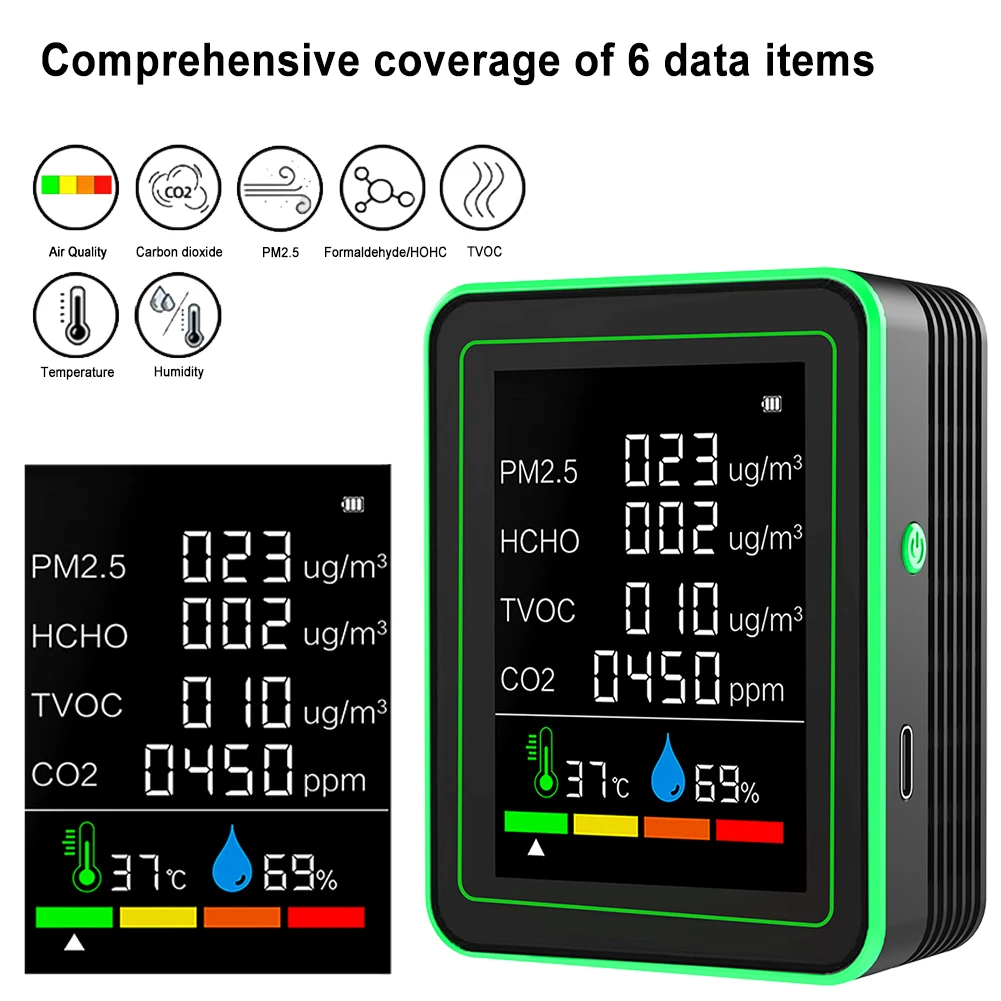 6 In 1 High Precision Air Quality Monitor Automatic Display Multifunctional PM2.5/PM10 HCHO TVOC CO2/CO Meter Gas Detector Tools