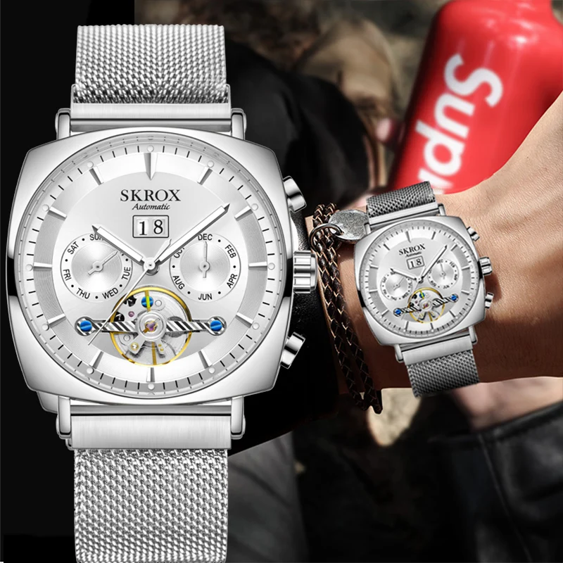 SKROX Original Square Tourbillon Skeleton Automatic Movement Man Watch Mechanical Men's Wrist Watches High-End Luxury Clockwork
