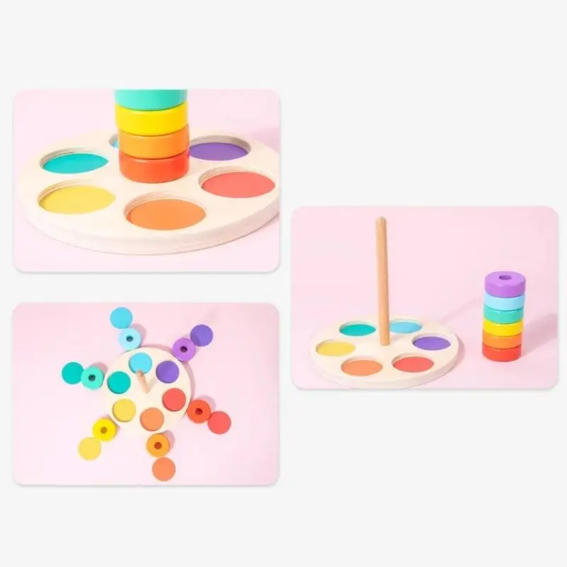 Baby Wooden Rainbow Stacking Toy Montessori Coloerful Blocks Classification and Nested Games Fine Motor Training Shape Matching 6