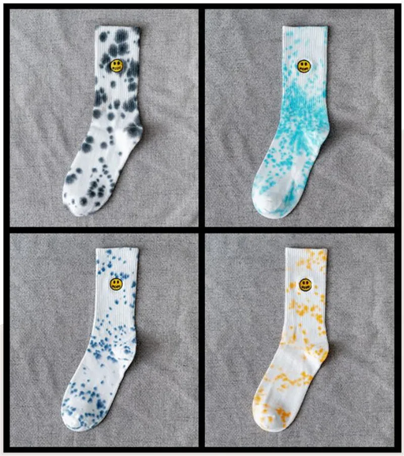 Men's Socks Smiley Tie Dye High Street Trend Medium Tube Fashion Man Socks Cotton Japanese Spring Socks Wholesale 4 pairs/Box 10