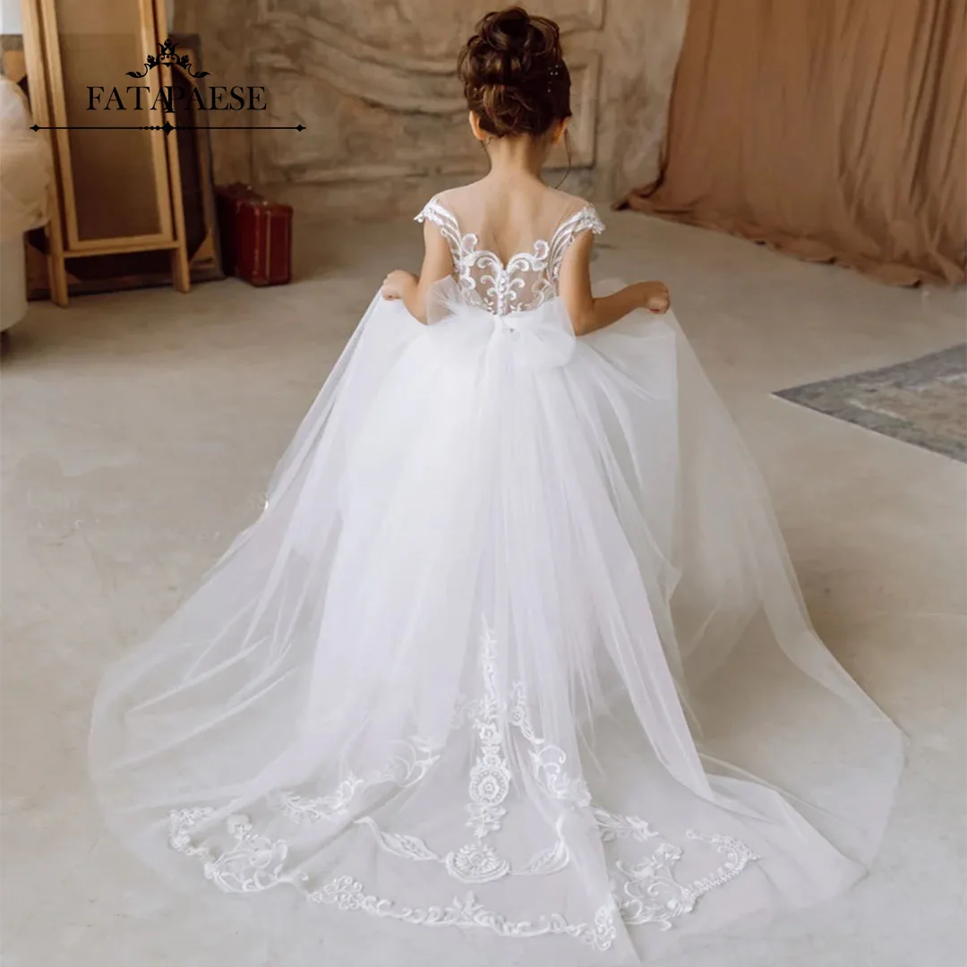 

FATAPAESE First Communion Dress Ivory White Flower Girl Dress Off Shoulder Illusion Lace Edge A Line Ball Gown With Bow Buttons