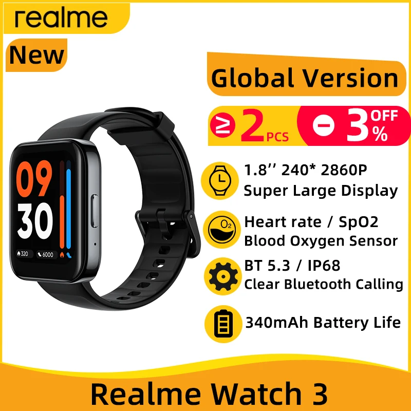 Global Version Realme Watch 3 Smart Watch 1.8''Large Display Blood Oxygen Heart Rate Monitoring Blueooth Calling SmartWatch 
