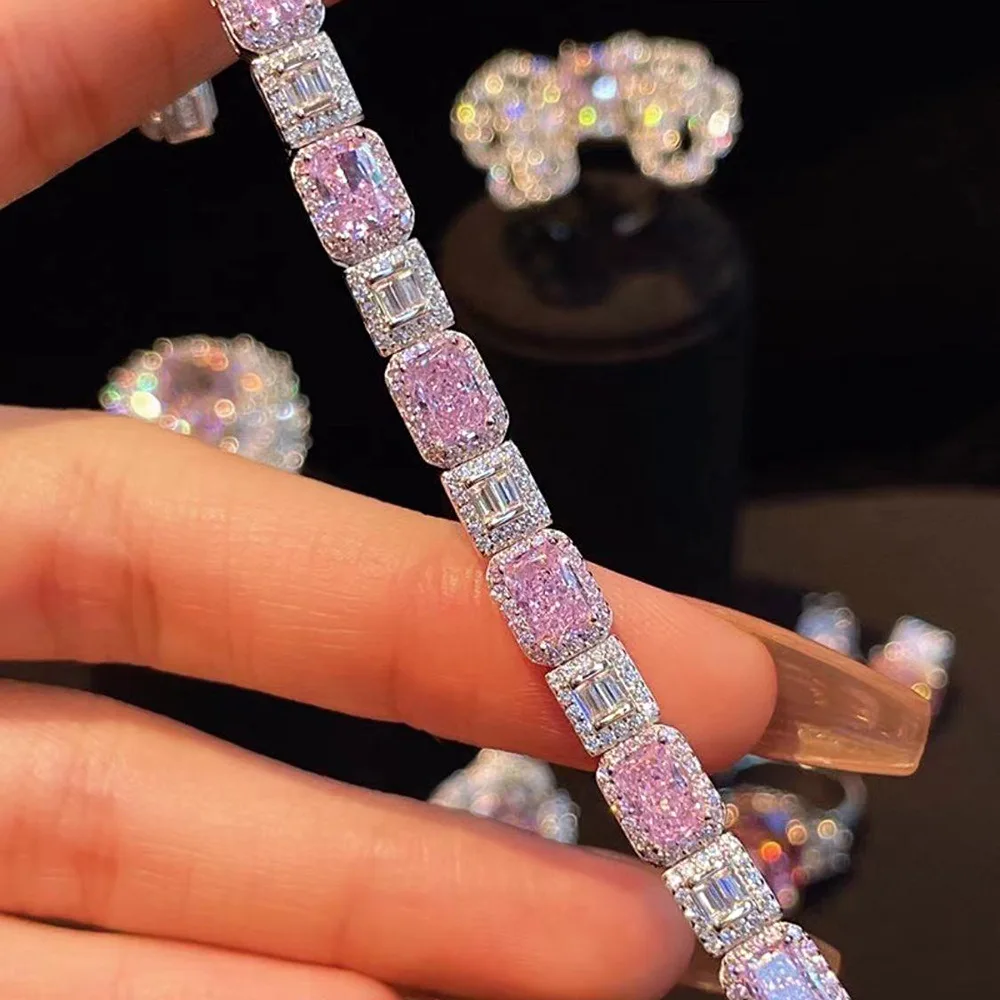 

Trendy Square Pink Diamond Bangle Bracelet 100% Real 925 Sterling silver Wedding Bracelets For Women Bridal Engagement Jewelry