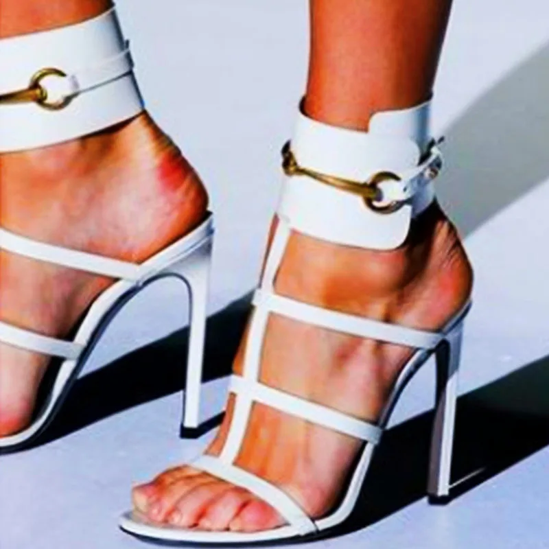 

New Patent Leather High Heel Sandals Ladies Sexy Metal Buckle Thin Strap Hollow T-Shaped Catwalk Stiletto Sandals Large Size 44