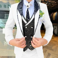 Handsome Men's Suit 3-piece Elegant Groom Wedding Tuxedo Jacket Pants Vest Customized Formal Blazer for Male 1