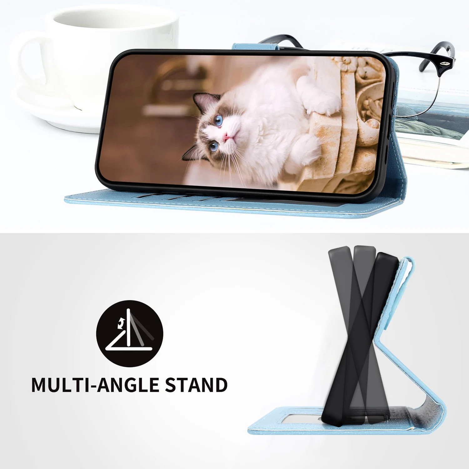 Elegant Leather Cat Phone Wallet Case with Kickstand and Card Slot - Cute Flip Cover