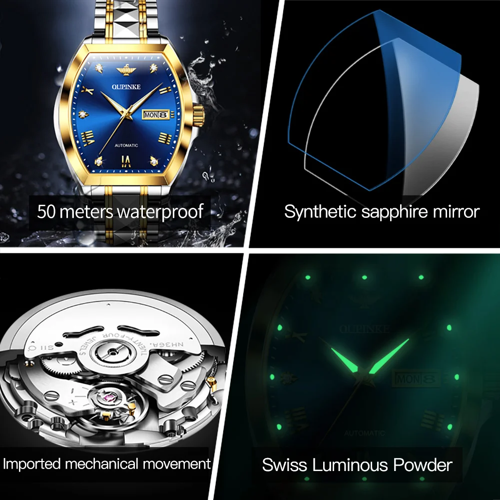 OUPINKE 3200 Automatic Men Watch Tonneau Roman Scale Dual Calendar Mechanical Watch For Men Waterproof Luxury Dress Wristwatches